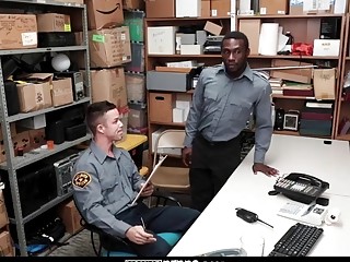 A security guard fucks his colleague to keep him quite