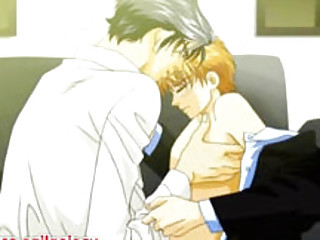 Two hentai gays touching and kissing on sofa